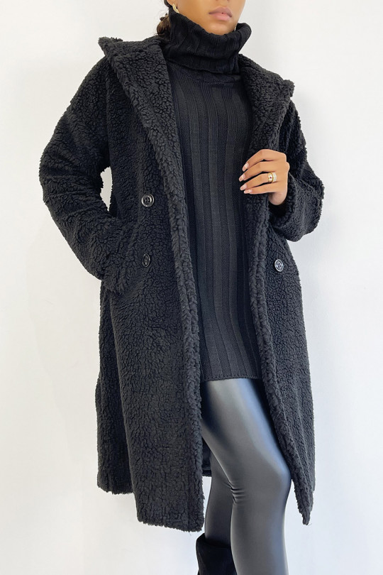 Warme zwarte knielange jas met toupetje-effect met reverskraag en capuchon - 3