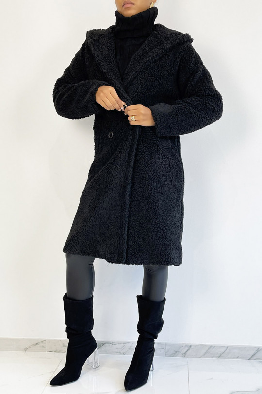 Warme zwarte knielange jas met toupetje-effect met reverskraag en capuchon - 4