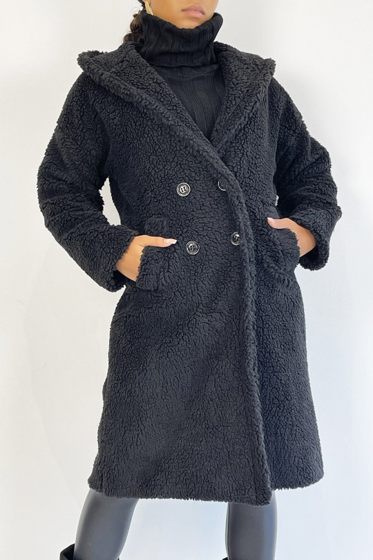 Warme zwarte knielange jas met toupetje-effect met reverskraag en capuchon - 5