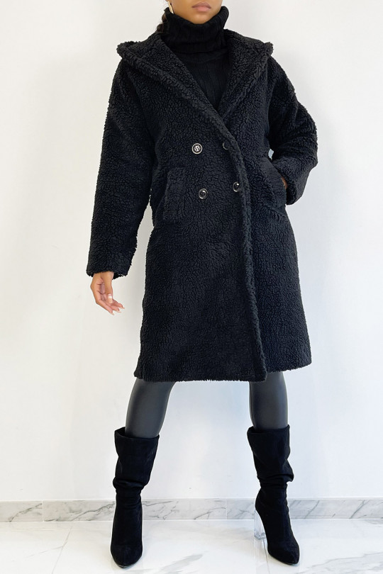 Warme zwarte knielange jas met toupetje-effect met reverskraag en capuchon - 6