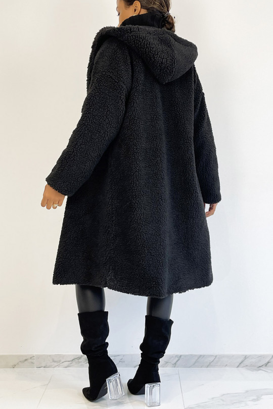 Warme zwarte knielange jas met toupetje-effect met reverskraag en capuchon - 7