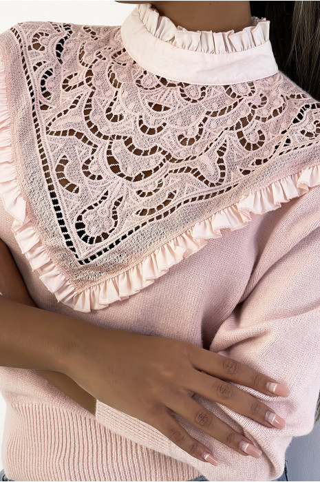 Zeer chique poederroze trui met lange mouwen en opengewerkte hoge kraag - 1