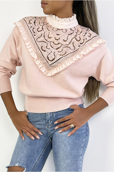 Pull très chic rose poudré à manches longues et col montant ajouré - 2