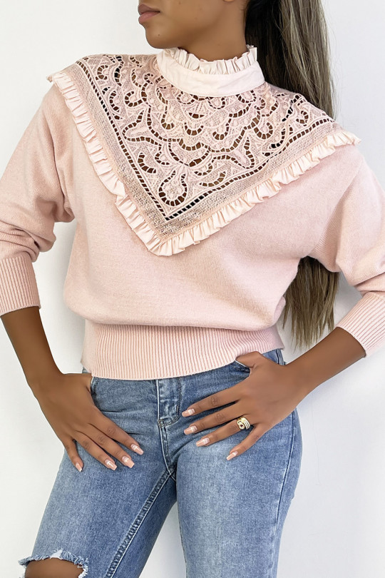Very chic powder pink sweater with long sleeves and openwork high collar - 2
