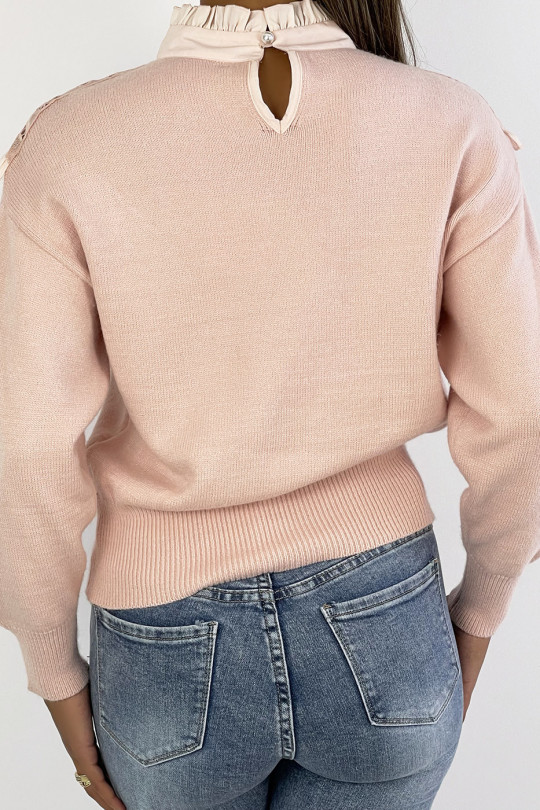 Very chic powder pink sweater with long sleeves and openwork high collar - 3