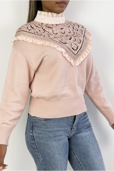 Pull très chic rose poudré à manches longues et col montant ajouré - 4