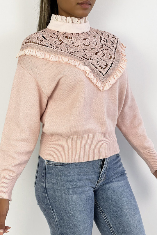 Very chic powder pink sweater with long sleeves and openwork high collar - 4