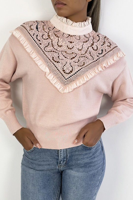 Very chic powder pink sweater with long sleeves and openwork high collar - 5