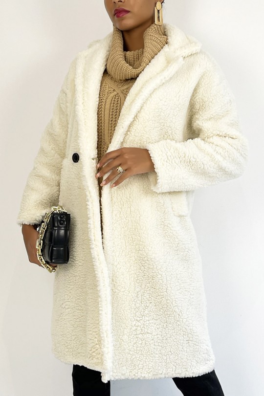 Manteau blanc longueur genoux coupe droite effet moumoute à col à revers et poche latéral - 5