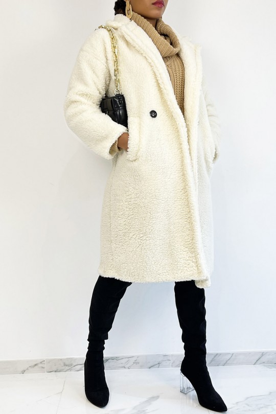 Manteau blanc longueur genoux coupe droite effet moumoute à col à revers et poche latéral - 6