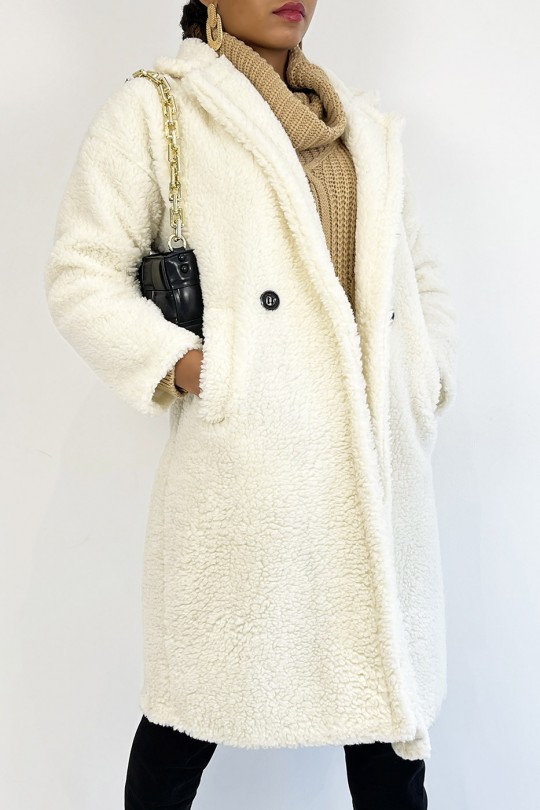 Manteau blanc longueur genoux coupe droite effet moumoute à col à revers et poche latéral - 7