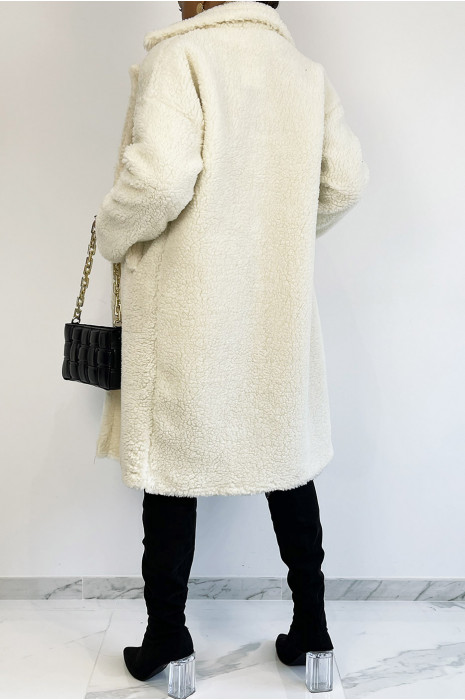 Manteau blanc longueur genoux coupe droite effet moumoute à col à revers et poche latéral - 8