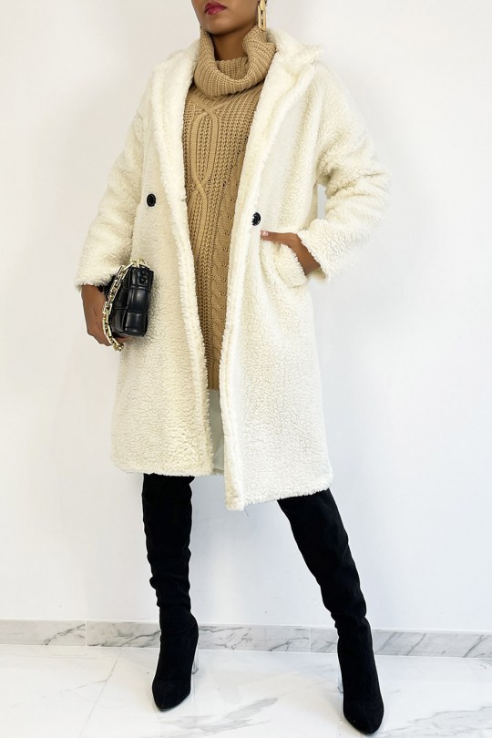 Manteau blanc longueur genoux coupe droite effet moumoute à col à revers et poche latéral - 9
