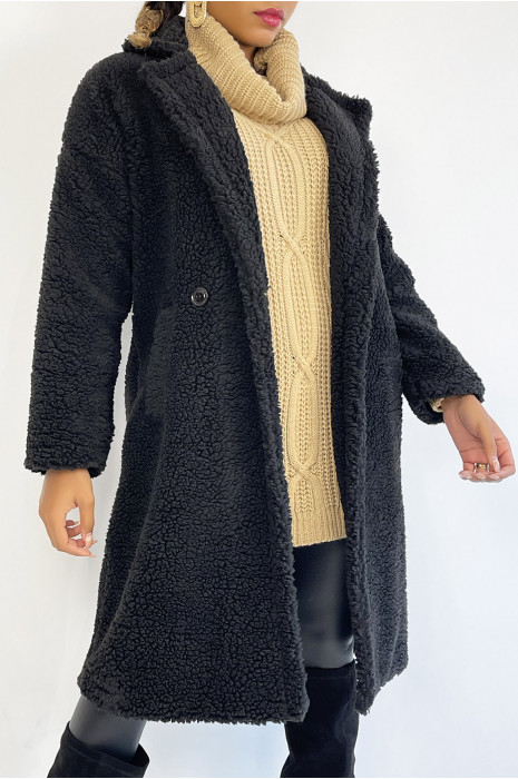 Manteau noir longueur genoux coupe droite effet moumoute à col à revers et poche latéral - 2