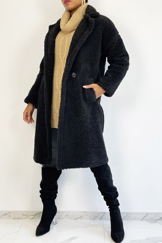 Manteau noir longueur genoux coupe droite effet moumoute à col à revers et poche latéral - 3