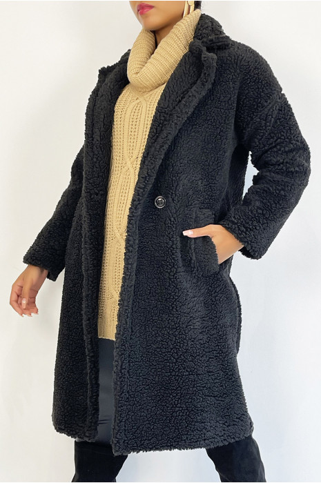 Black knee-length coat, straight cut, toupee effect, lapel collar and side pocket - 4