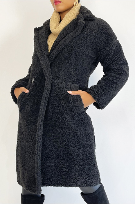 Black knee-length coat, straight cut, toupee effect, lapel collar and side pocket - 5