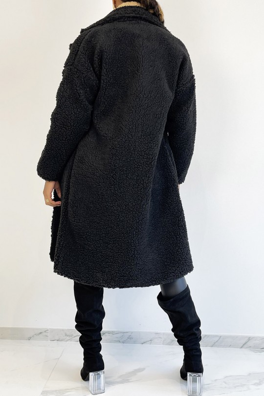 Zwarte knielange jas, rechte snit, toupetje-effect, reverskraag en zijzak - 6