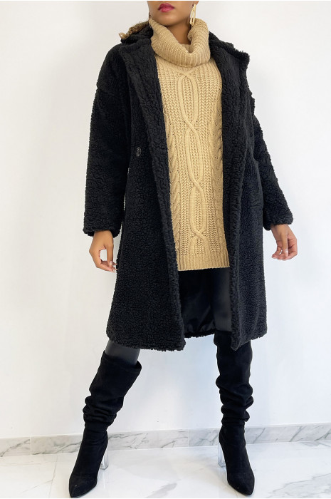 Manteau noir longueur genoux coupe droite effet moumoute à col à revers et poche latéral - 7