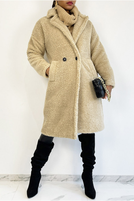 Beige knee-length coat, straight cut, toupee effect, lapel collar and side pocket - 1