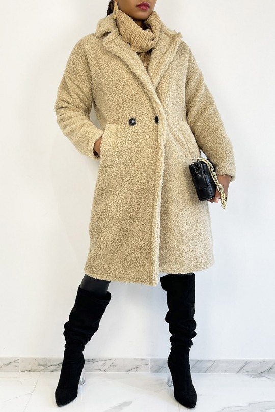 Beige knee length coat straight cut toupee effect lapel collar