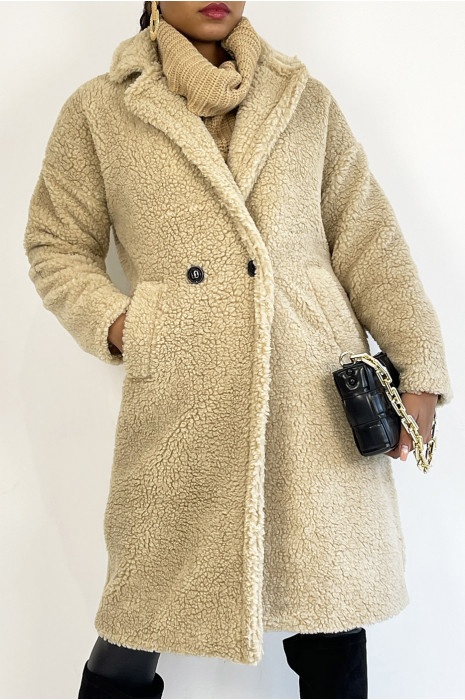 Beige knee-length coat, straight cut, toupee effect, lapel collar and side pocket - 2