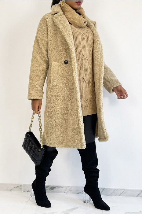 Beige knee-length coat, straight cut, toupee effect, lapel collar and side pocket - 3