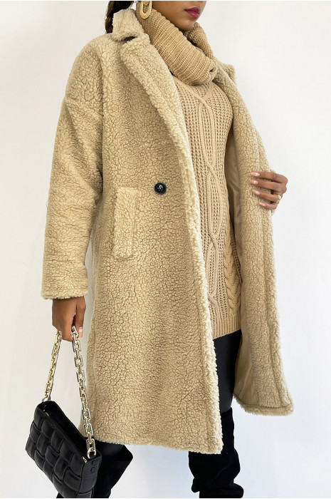 Beige knee-length coat, straight cut, toupee effect, lapel collar and side pocket - 4