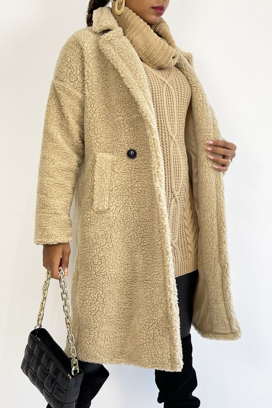 Manteau beige longueur genoux coupe droite effet moumoute à col à revers et poche latéral - 4