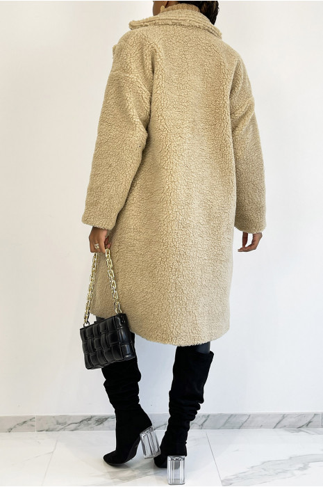 Beige knee-length coat, straight cut, toupee effect, lapel collar and side pocket - 5