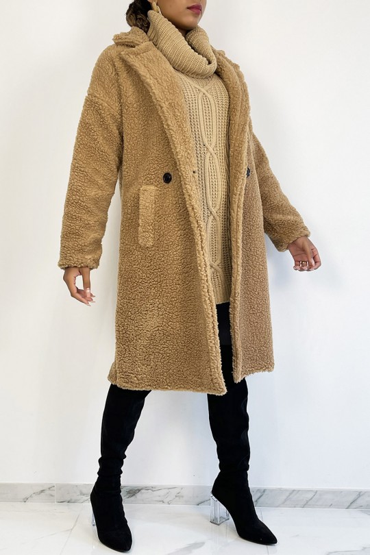 Camel knee-length coat, straight cut, toupee effect, lapel collar and side pocket - 2