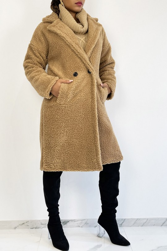 Camel knee-length coat, straight cut, toupee effect, lapel collar and side pocket - 3