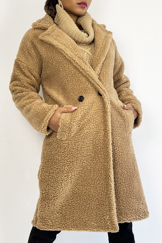Camel knee-length coat, straight cut, toupee effect, lapel collar and side pocket - 4