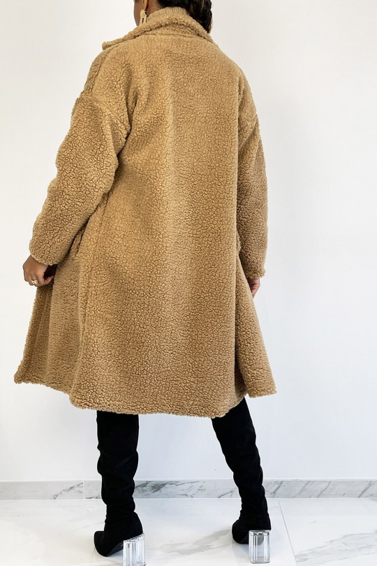 Camel knee-length coat, straight cut, toupee effect, lapel collar and side pocket - 5
