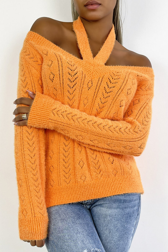 Very soft, vitamin orange sweater with bare shoulders and pointelle openwork details. - 4