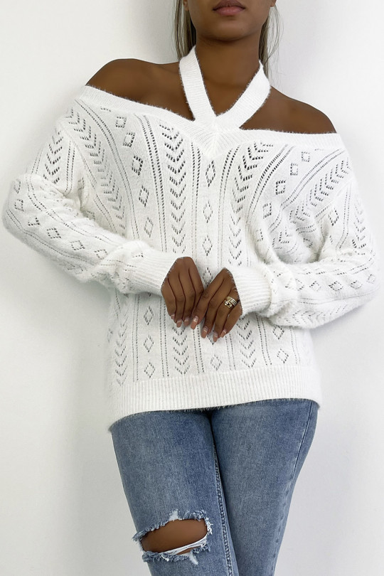 Zachte witte trui met blote schouders en opengewerkte pointelle details. - 4