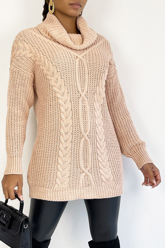 Long pink jumper with large turtleneck knit effect with braid detail bohemian chic style - 3