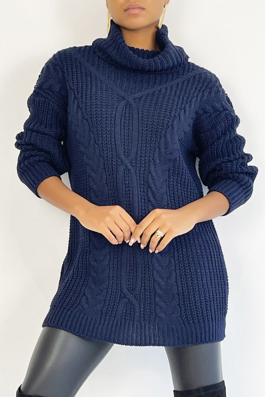 Long navy blue sweater with large knit effect turtleneck with braid detail, bohemian chic style - 2