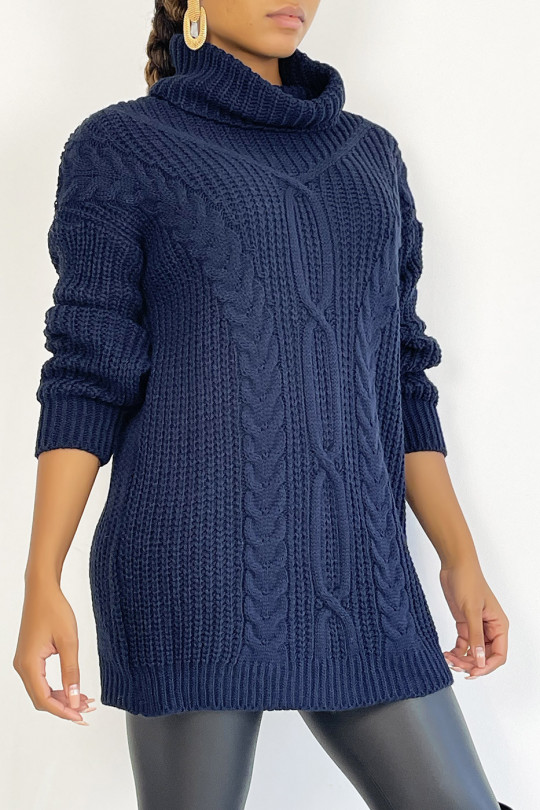 Long navy blue sweater with large knit effect turtleneck with braid detail, bohemian chic style - 3