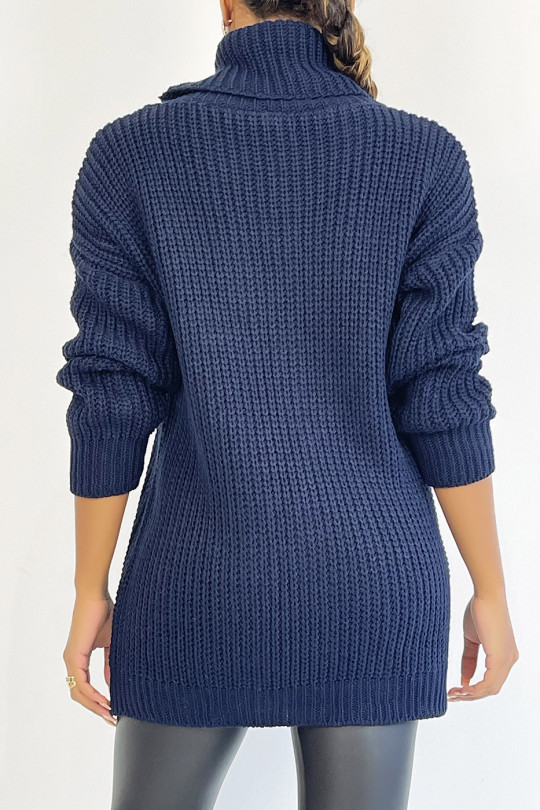 Long navy blue sweater with large knit effect turtleneck with braid detail, bohemian chic style - 4