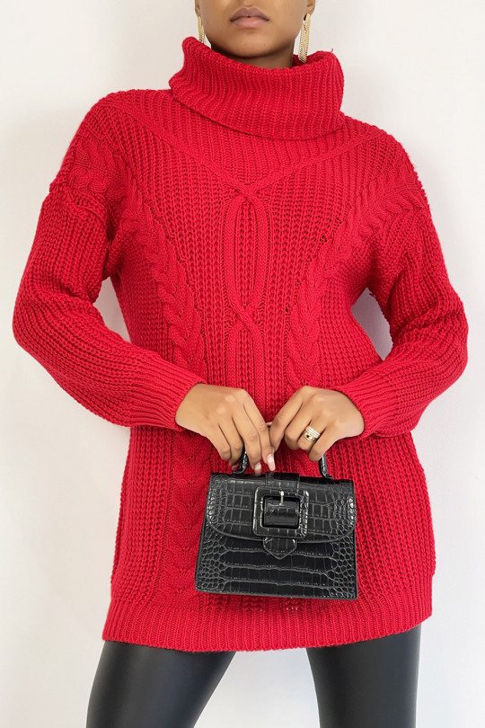 Long red sweater with chunky knit effect turtleneck with braid detail bohemian chic style - 1