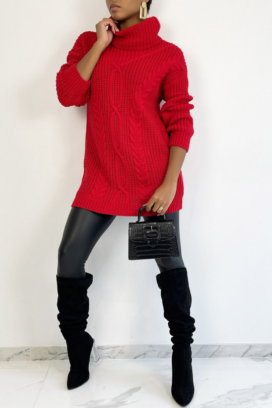 Long red sweater with chunky knit effect turtleneck with braid detail bohemian chic style - 2
