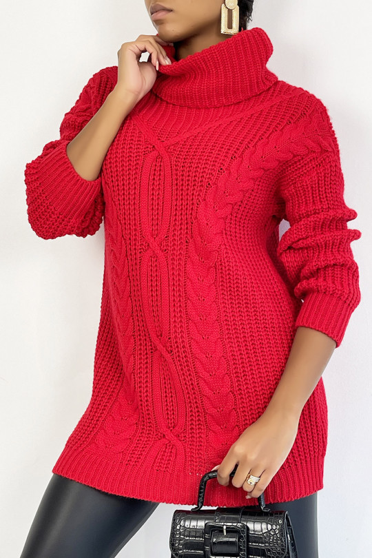 Long red sweater with chunky knit effect turtleneck with braid detail bohemian chic style - 3