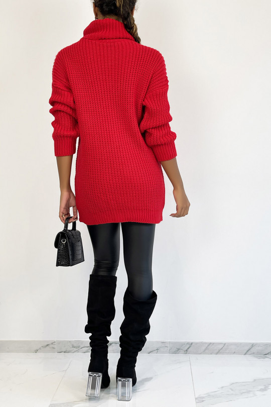 Long red sweater with chunky knit effect turtleneck with braid detail bohemian chic style - 4
