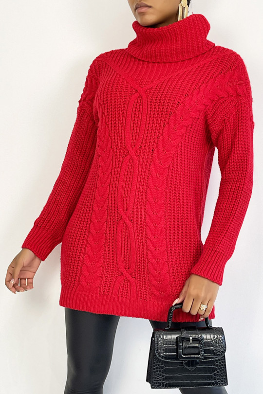 Long red sweater with chunky knit effect turtleneck with braid detail bohemian chic style - 5
