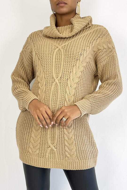 Long camel sweater with large turtleneck knit effect with bohemian chic style braid detail - 1