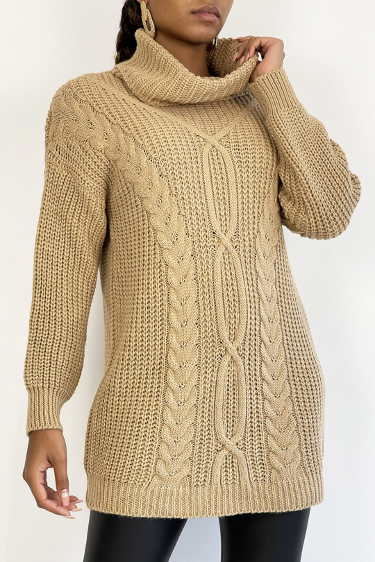 Long camel sweater with large turtleneck knit effect with bohemian chic style braid detail - 2