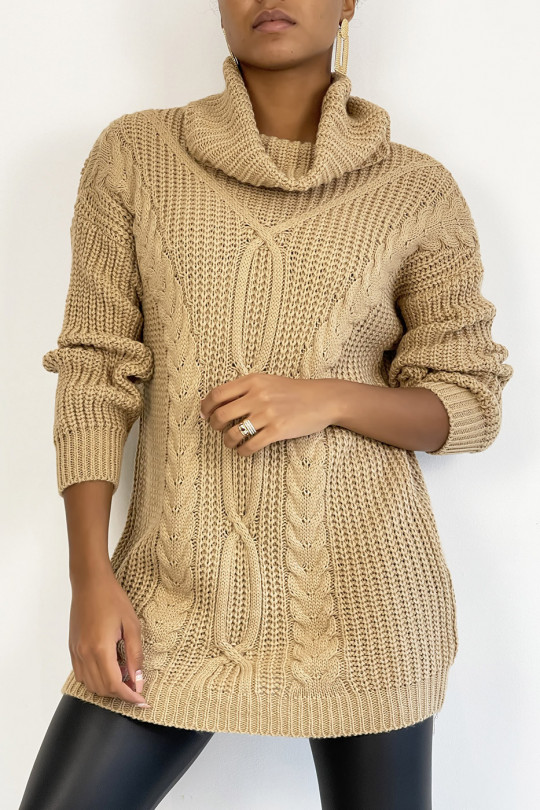 Long camel sweater with large turtleneck knit effect with bohemian chic style braid detail - 3