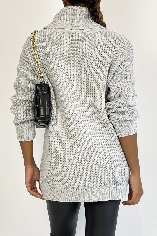 Long gray sweater with large knit effect turtleneck and braid detail, bohemian chic style - 1