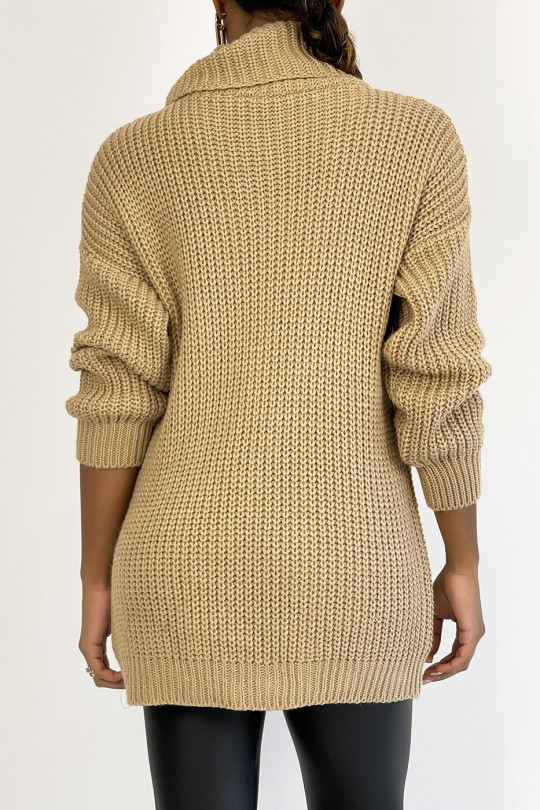 Long camel sweater with large turtleneck knit effect with bohemian chic style braid detail - 4